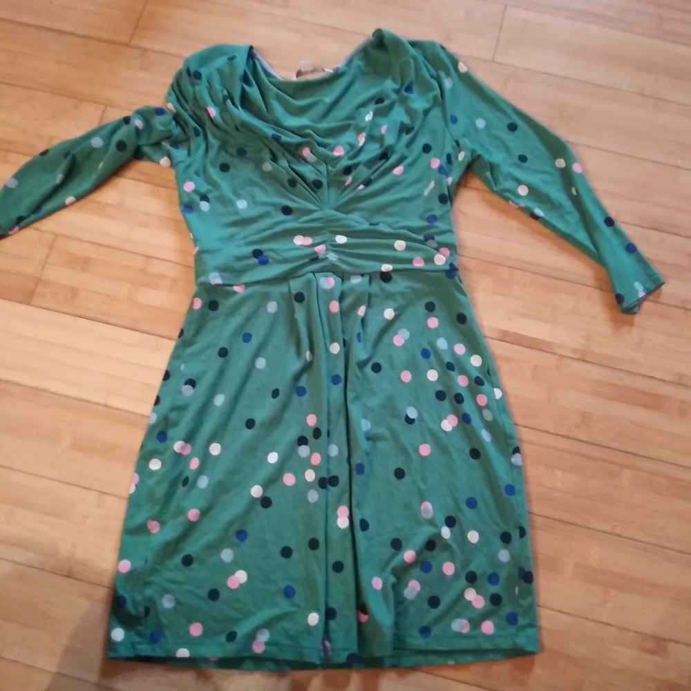 Boden SIZE 6 Green polka Dot  Dress 3/4 sleeve Jersey & Gray wrap tank